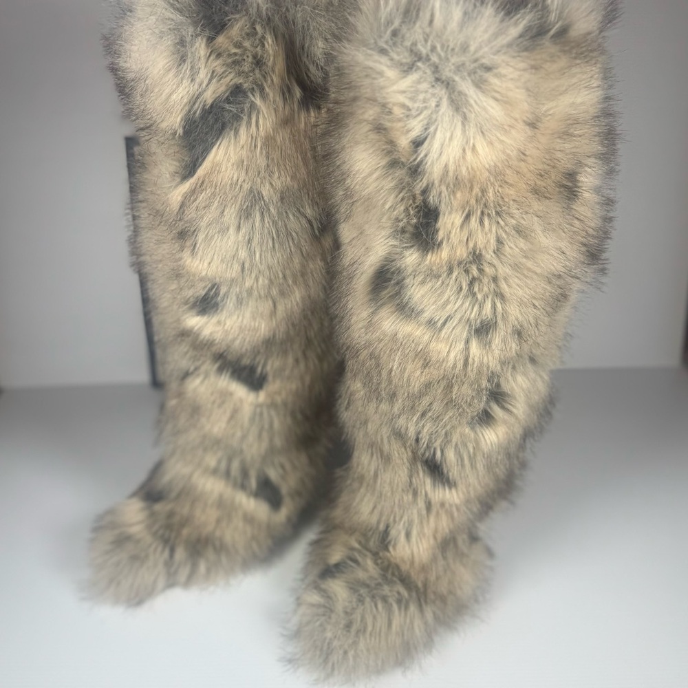 Azalea Wang Debby Grey Multi Faux Fur Tall Boots Winter Festival Shaggy Boots